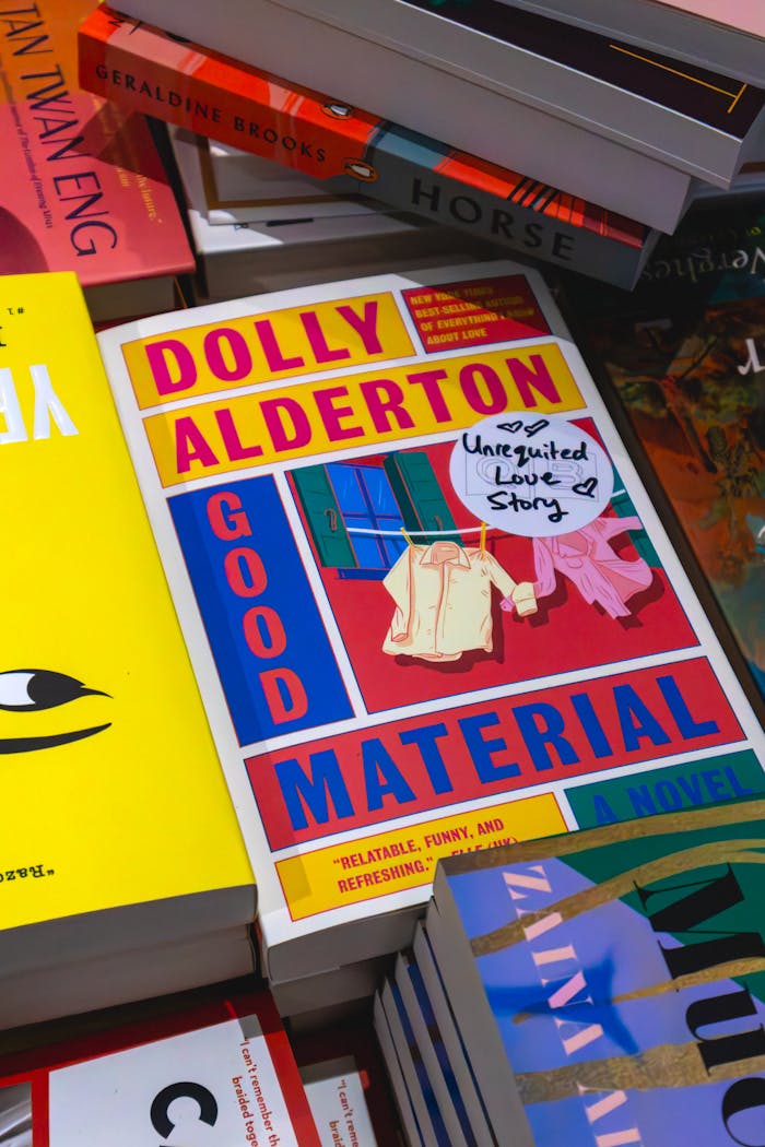 Vibrant mix of books on a shelf, highlighting Good Material by Dolly Alderton.